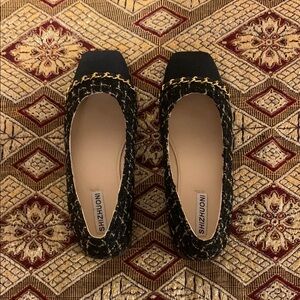 NIB Elegant Black and Gold Tweed Flats with Chain Trim